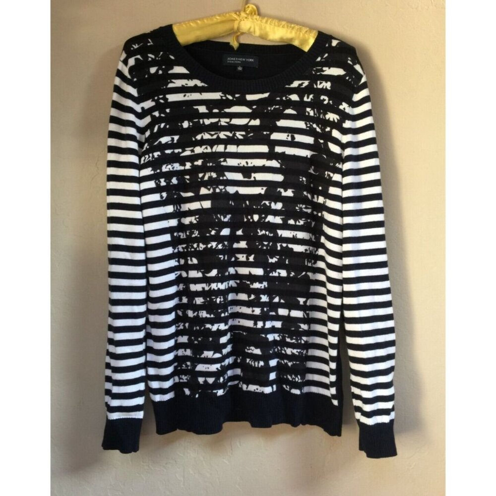 Jones New York Womens Large Long Sleeve Sweater Striped Floral Black Pullover